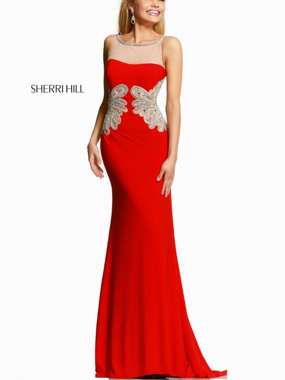 NWT Sherri Hill evening gown, red/silver dress, stretchy , open back, size 8